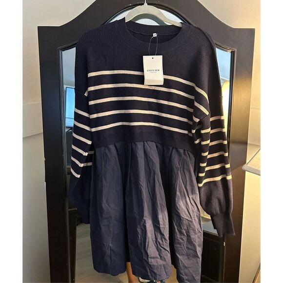 NEW Oversized Sweater Long Sleeve Crewneck Pullover Mini Dress S - Picture 4 of 5